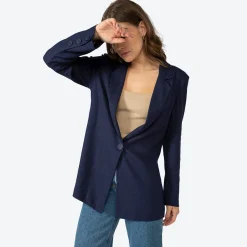 Linho | Feminino>Basico.com Blazer Linho com Viscose Amplo Feminino - Azul Marinho