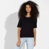 Blusas E Casacos | Blusas>Basico.com Blusa Algodão Canelado Manga Curta Feminina - Preto