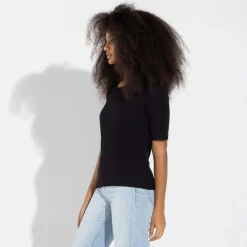 Blusas E Casacos | Blusas>Basico.com Blusa Algodão Canelado Manga Curta Feminina - Preto