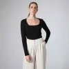 Blusas E Casacos>Basico.com Blusa Canelada Algodão Decote Quadrado Feminina - Preto
