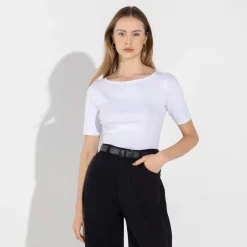 Blusas | Blusas E Casacos>Basico.com Blusa Cotton Pima Decote Canoa Feminina | Life Collection - Branco