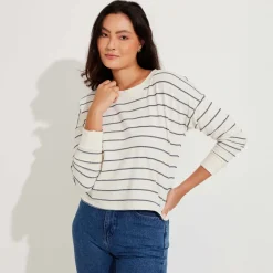 Jaquetas E Casacos>Basico.com Blusa Listras Manga Longa Feminina - Natural
