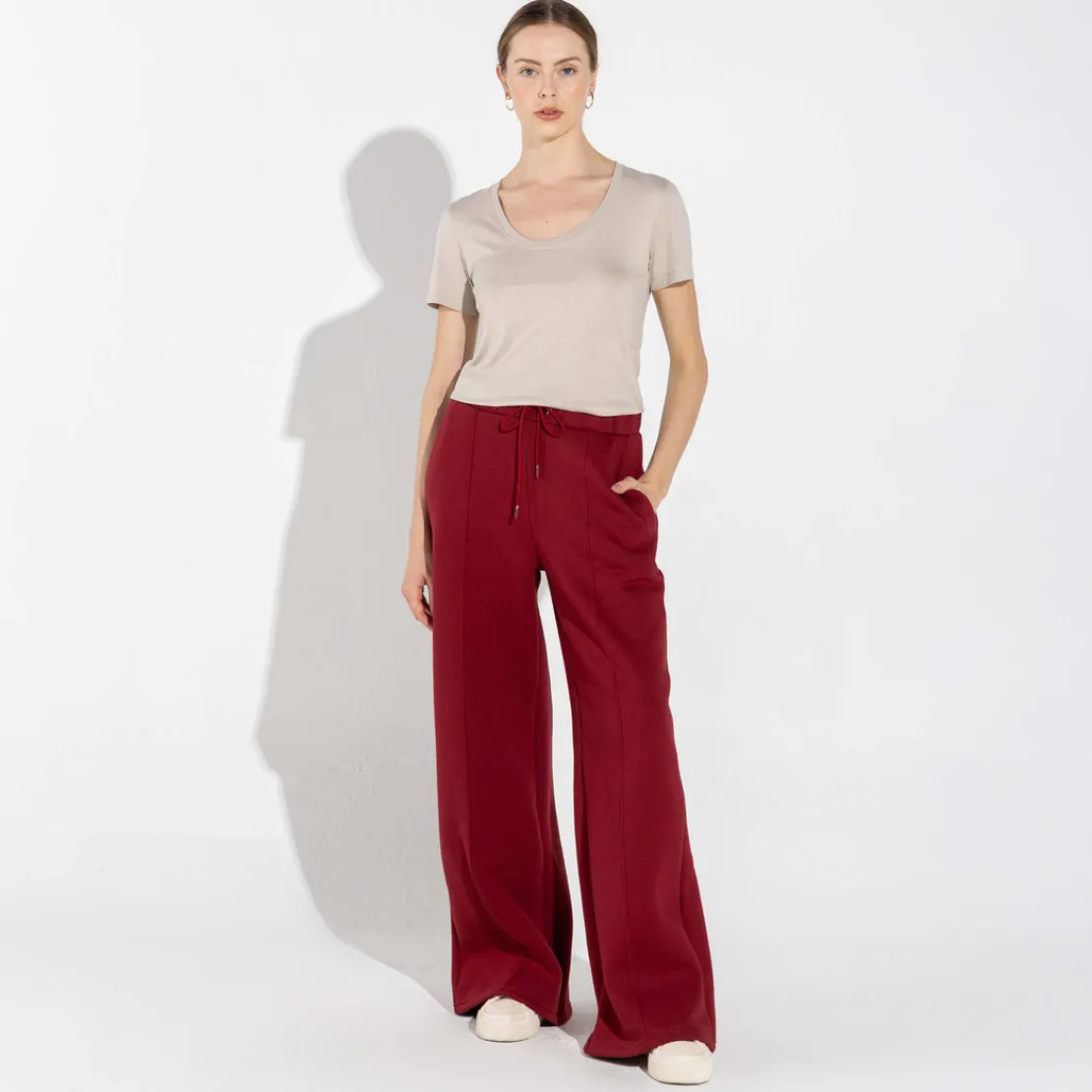 Moletons | Moletons>Basico.com Calça Wide Leg Moletom Flanelado Feminina - Vermelho Escarlate