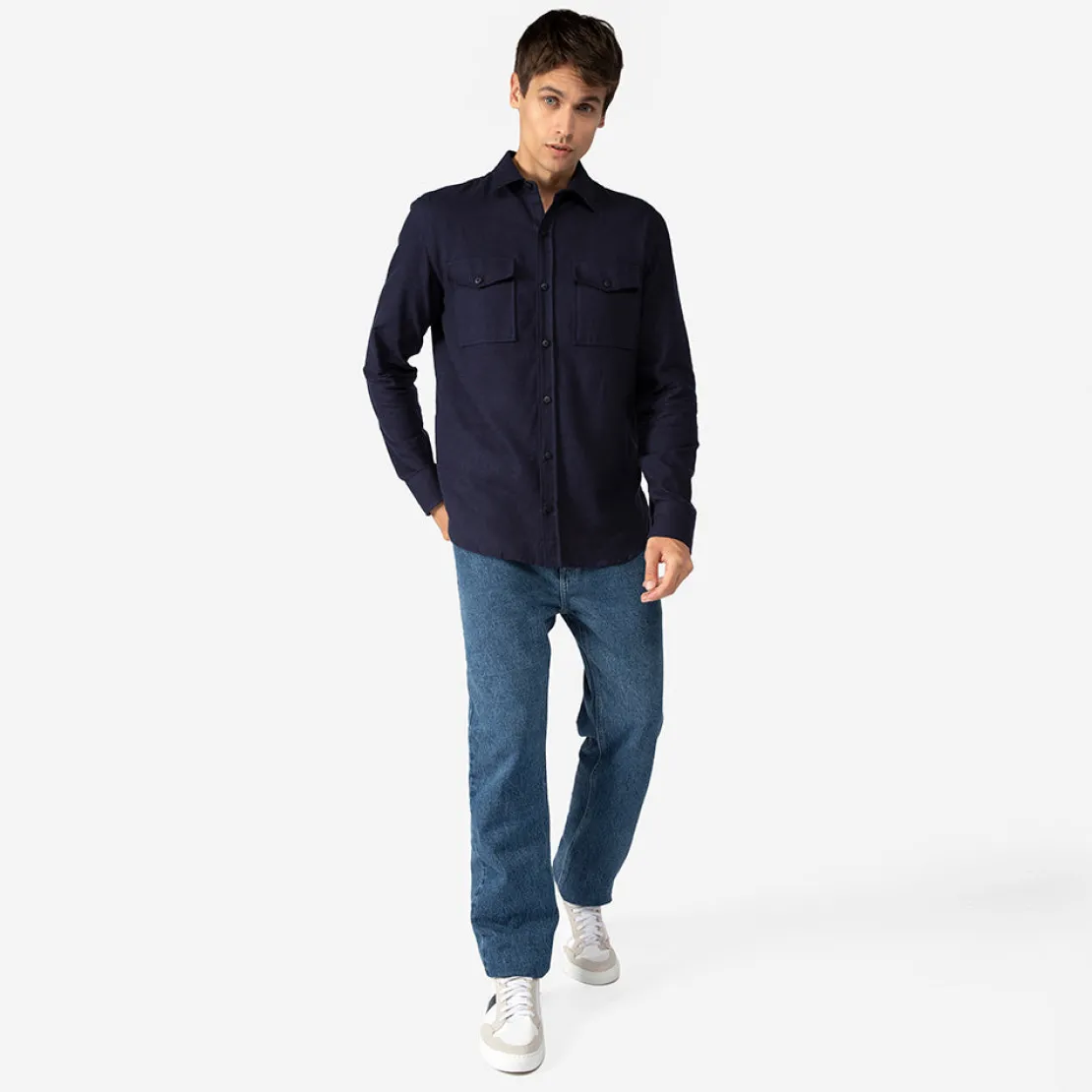 Camisas>Basico.com Camisa Algodão Flanelado 2 Bolsos Masculina - Azul Marinho