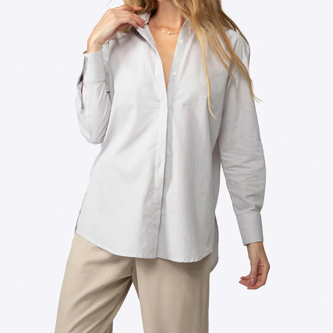 Camisas>Basico.com Camisa Listras Ampla Feminina - Listrado Branco Bege