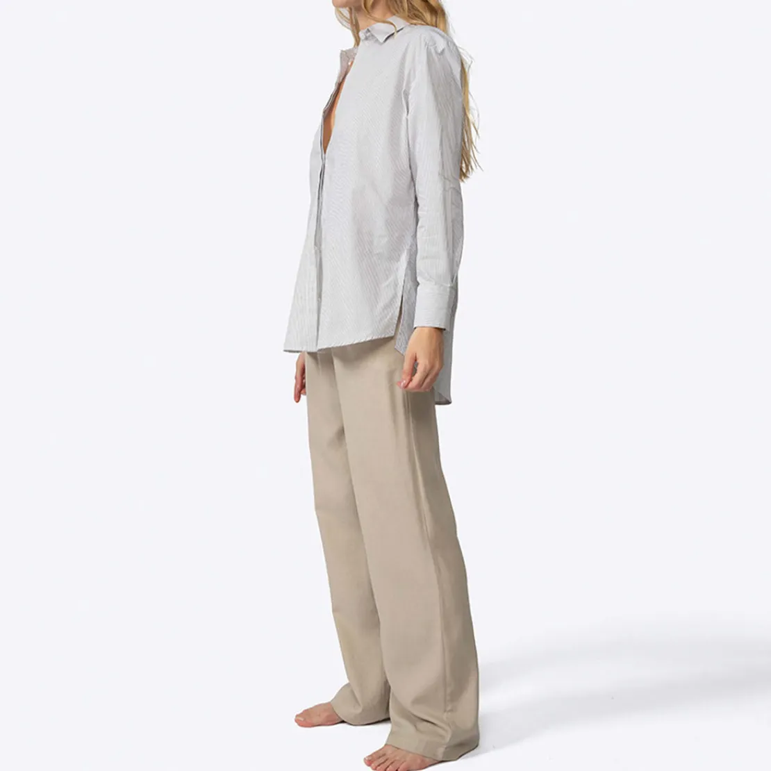 Camisas>Basico.com Camisa Listras Ampla Feminina - Listrado Branco Bege