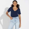 Camisetas>Basico.com Camiseta Algodão Premium Gola V Feminina | Everyday Collection - Azul