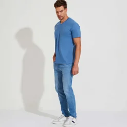 Camisetas>Basico.com Camiseta Algodão Premium Gola V Masculina | Everyday Collection - Azul