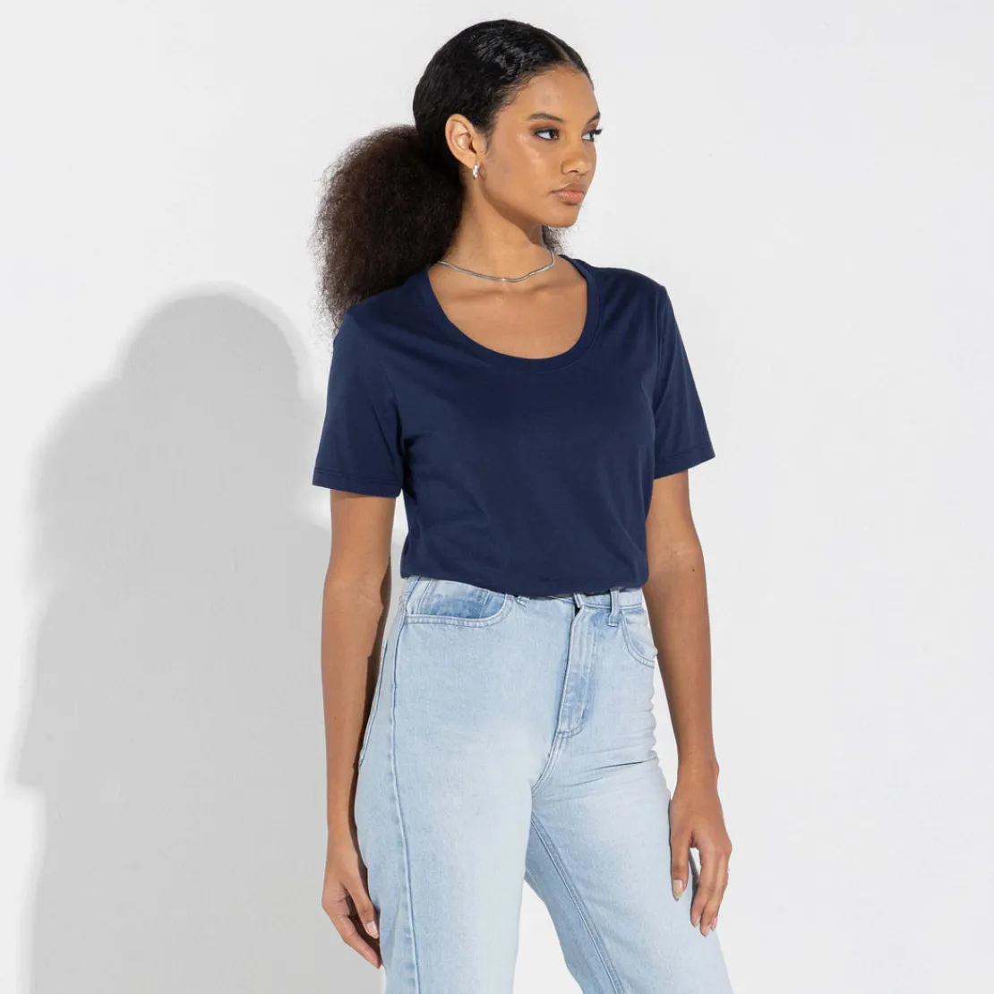 Camisetas>Basico.com Camiseta Algodão Premium Gola U Feminina | Everyday Collection - Azul