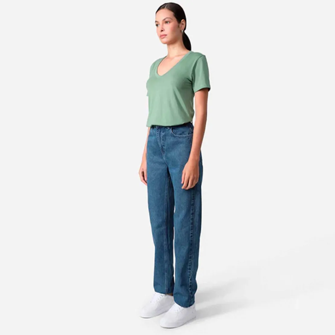Camisetas>Basico.com Camiseta Algodão Premium Gola V Feminina | Everyday Collection - Verde