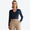 Algodão Pima | Camisetas>Basico.com Camiseta Perfeita Pima Manga Longa Gola V Feminina - Azul Marinho