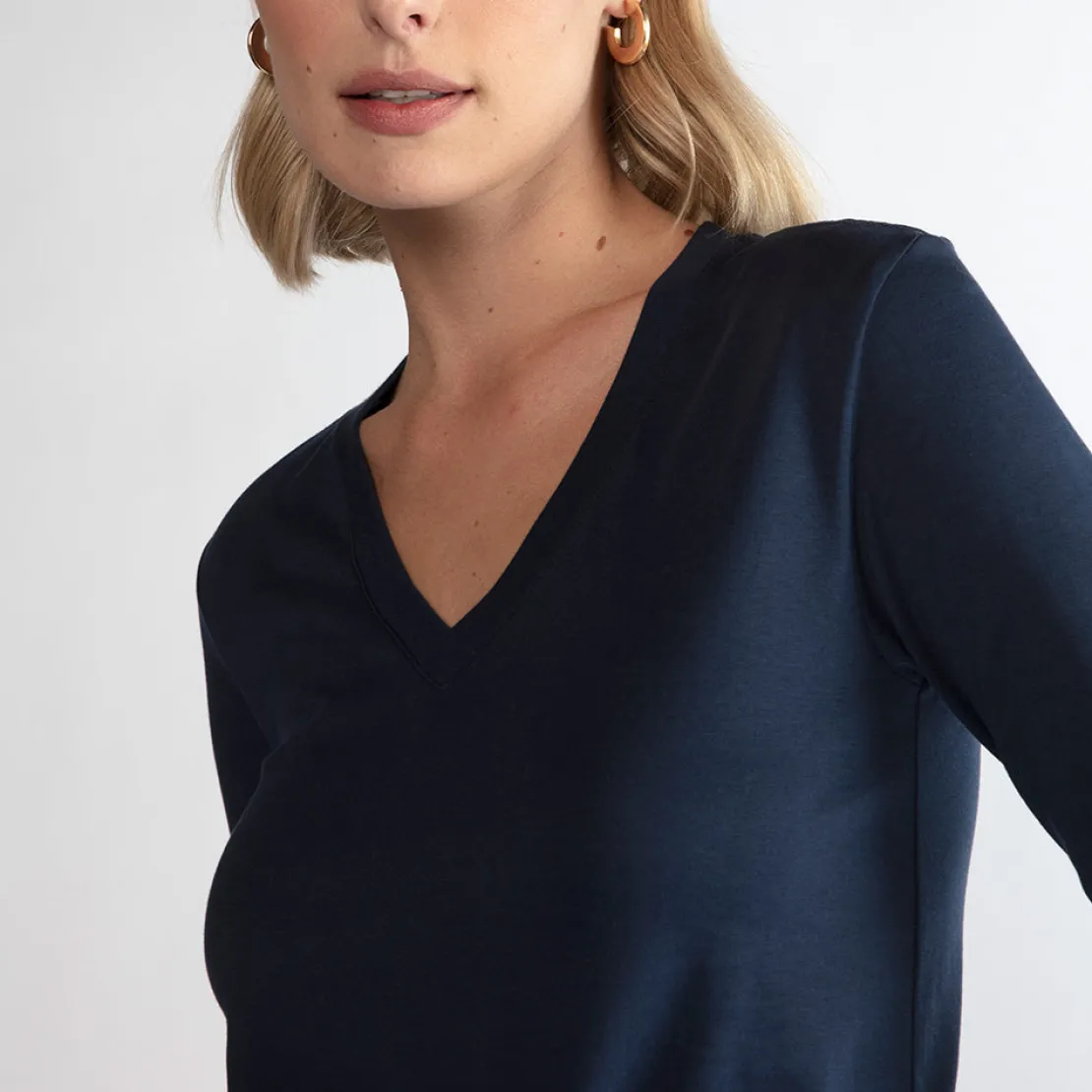 Algodão Pima | Camisetas>Basico.com Camiseta Perfeita Pima Manga Longa Gola V Feminina - Azul Marinho