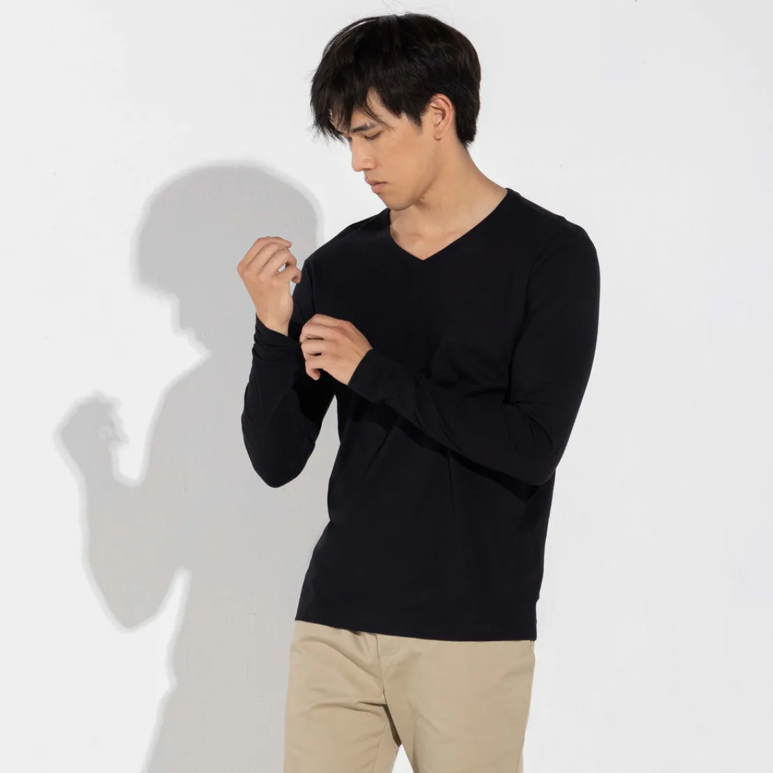 Algodão Pima | Camisetas>Basico.com Camiseta Pima Gola V Manga Longa Masculina | Life Collection - Preto