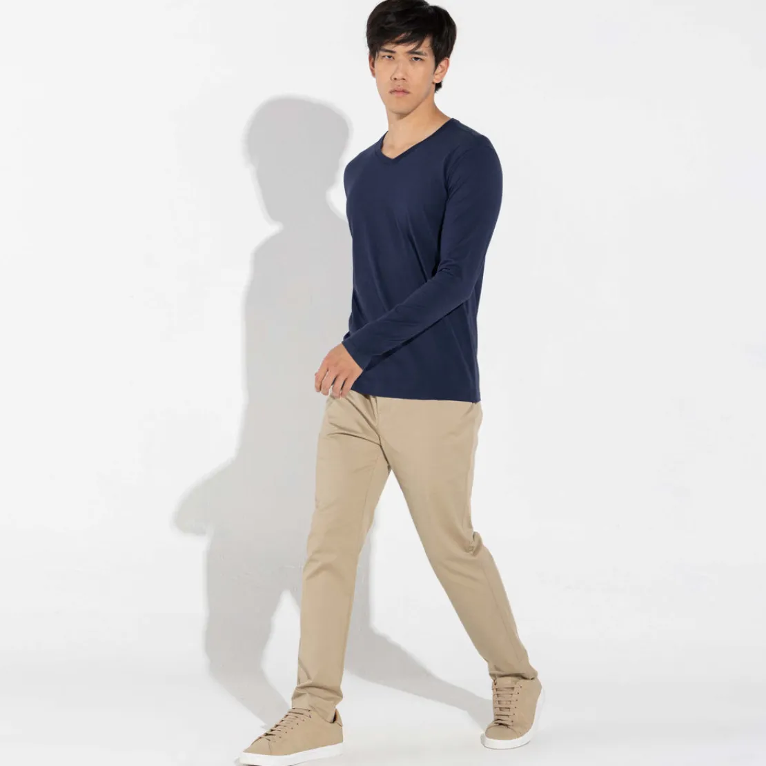 Algodão Pima | Camisetas>Basico.com Camiseta Pima Gola V Manga Longa Masculina | Life Collection - Azul Ma