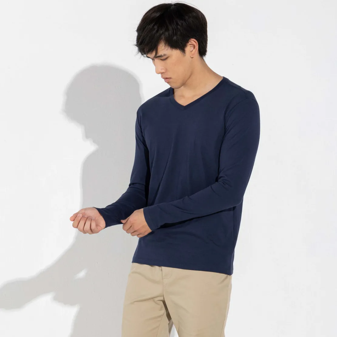 Algodão Pima | Camisetas>Basico.com Camiseta Pima Gola V Manga Longa Masculina | Life Collection - Azul Ma