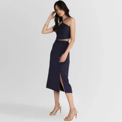 Viscose | Saias E Shorts>Basico.com Saia Midi Cinto Nó - Azul Marinho