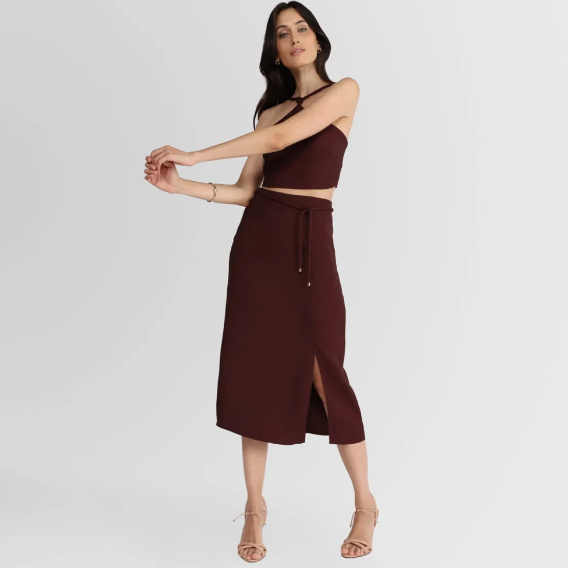 Viscose | Saias E Shorts>Basico.com Saia Midi Cinto Nó - Vermelho Vinho