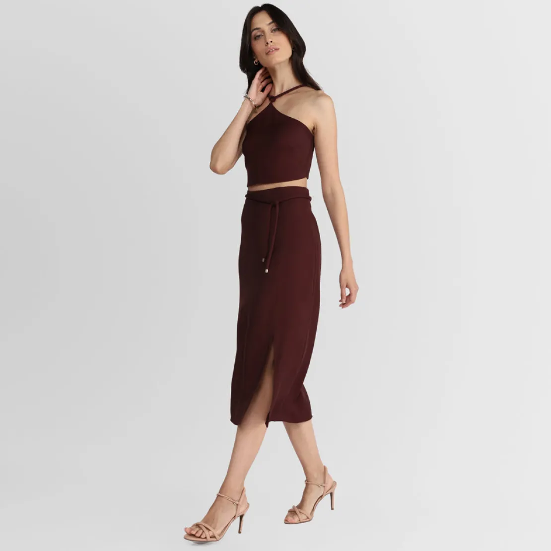Viscose | Saias E Shorts>Basico.com Saia Midi Cinto Nó - Vermelho Vinho