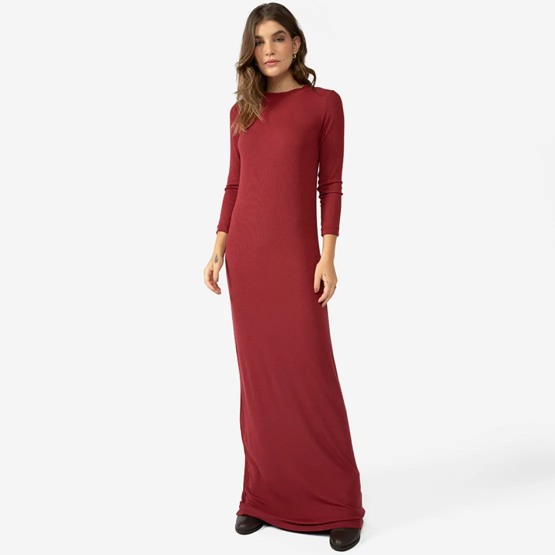 Vestidos>Basico.com Vestido Longo Canelado Viscose - Marsala