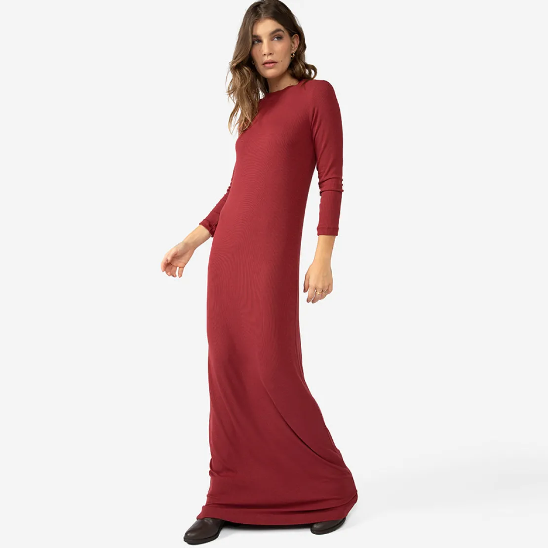 Vestidos>Basico.com Vestido Longo Canelado Viscose - Marsala