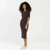 Vestidos | Vestidos>Basico.com Vestido Midi Canelado Algodão Manga Curta - Marrom