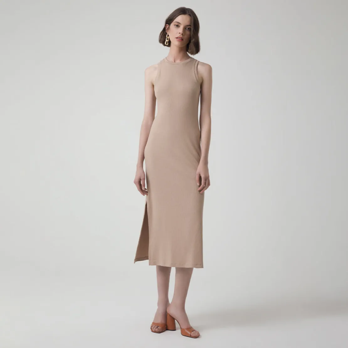 Vestidos>Basico.com Vestido Midi Canelado Algodão - Bege Claro