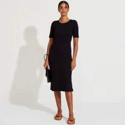 Vestidos>Basico.com Vestido Midi Canelado Algodão Manga Curta - Preto