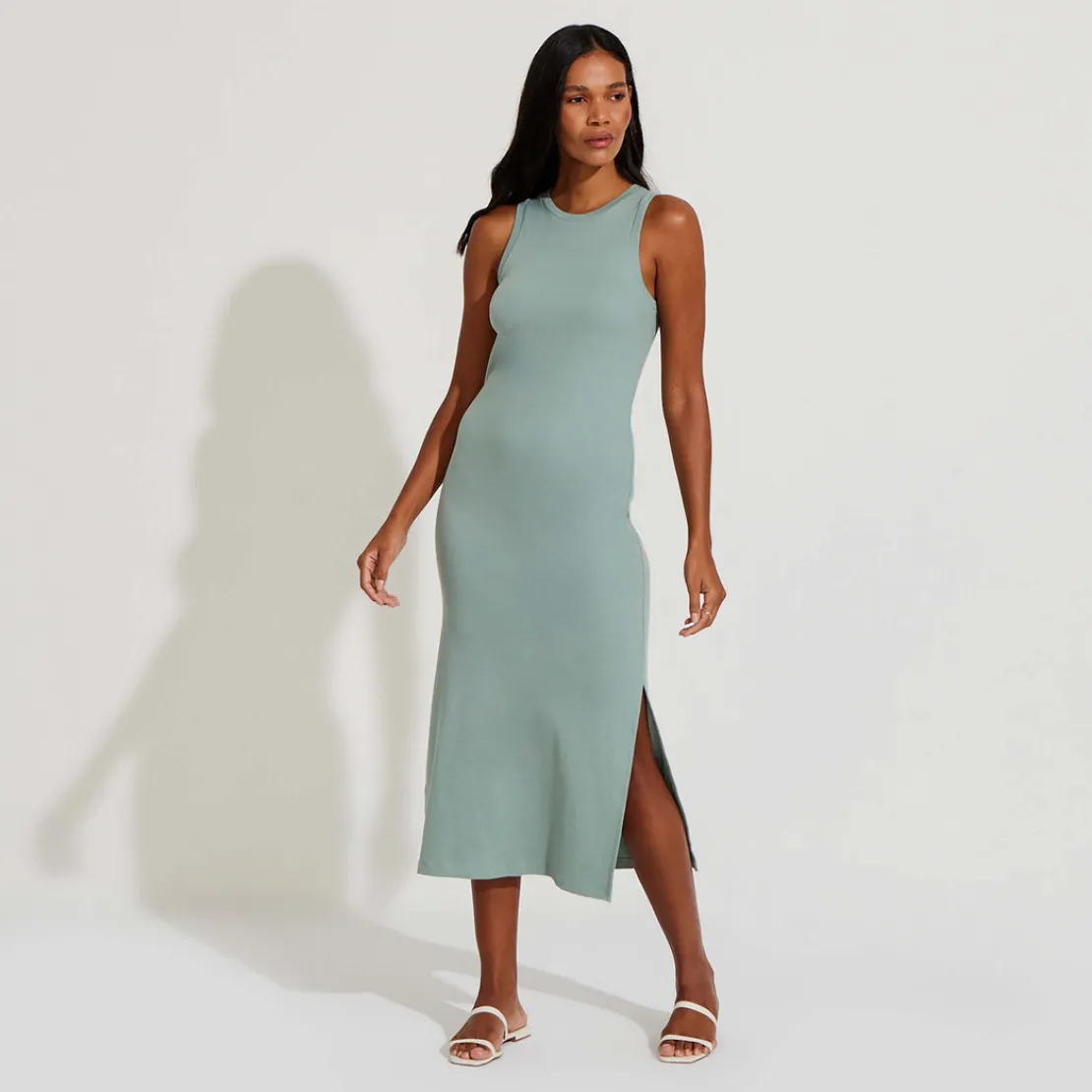 Vestidos>Basico.com Vestido Midi Canelado Algodão - Verde Chá