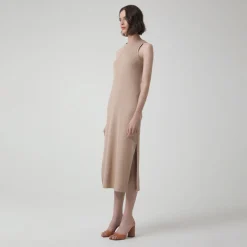 Vestidos>Basico.com Vestido Midi Canelado Algodão - Bege Claro