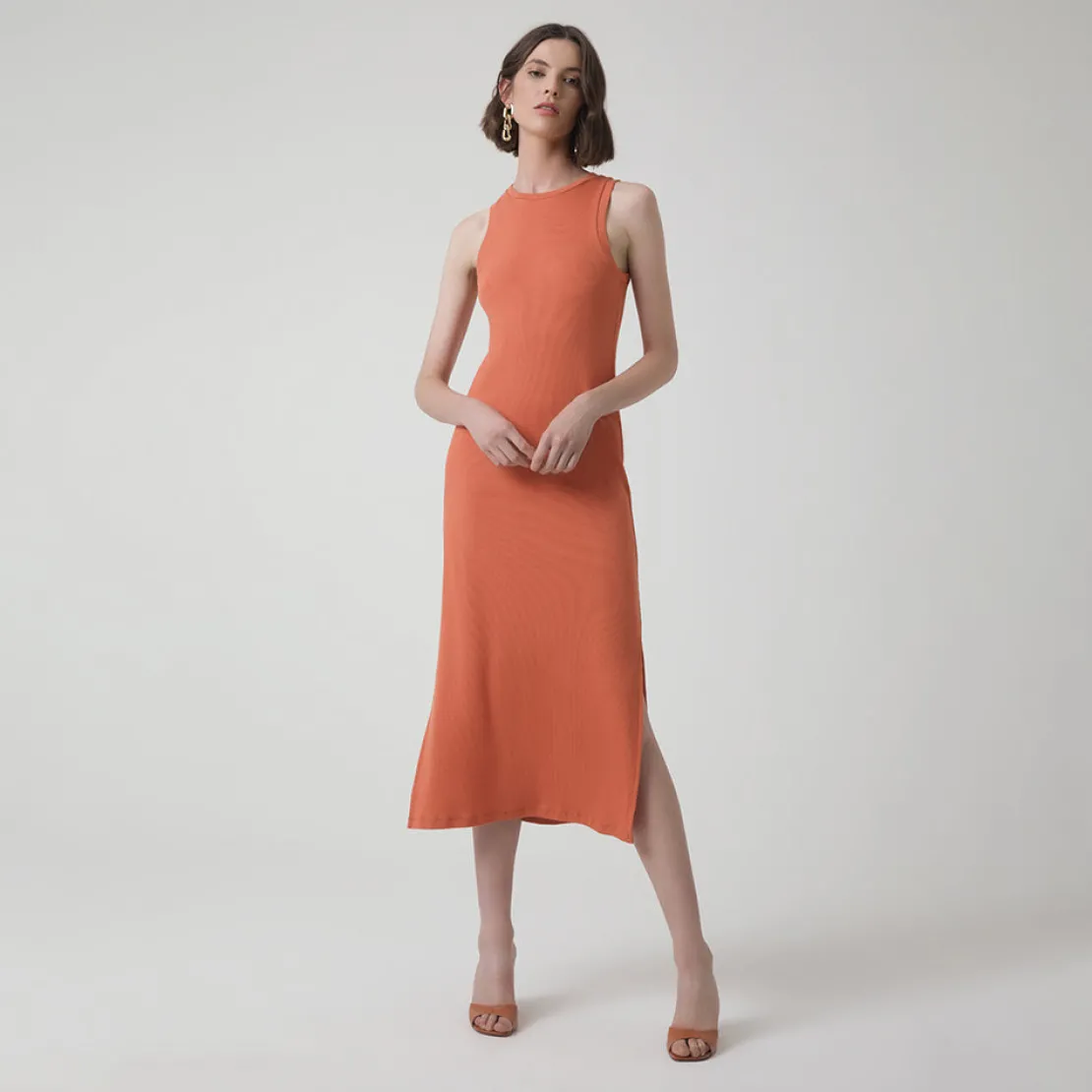 Vestidos>Basico.com Vestido Midi Canelado Algodão - Marrom Telha