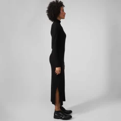 Vestidos>Basico.com Vestido Midi Canelado Algodão Gola Rolê - Preto