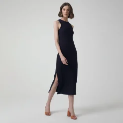 Vestidos>Basico.com Vestido Midi Canelado Algodão - Preto