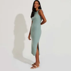 Vestidos>Basico.com Vestido Midi Canelado Algodão - Verde Chá