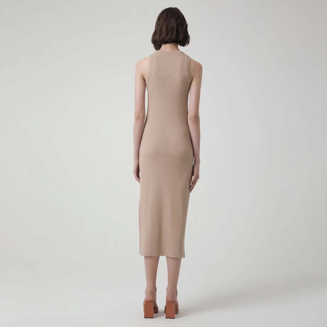 Vestidos>Basico.com Vestido Midi Canelado Algodão - Bege Claro