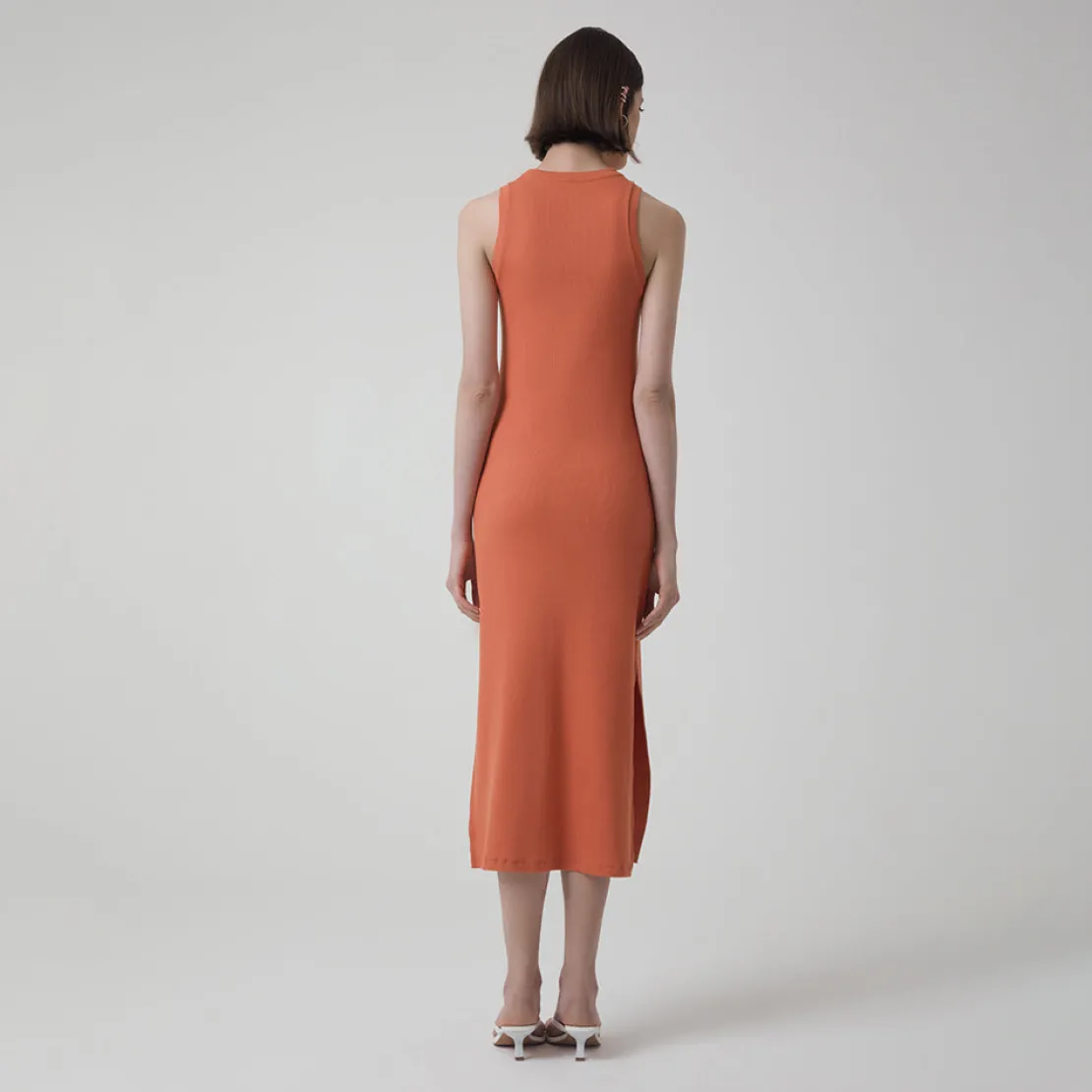 Vestidos>Basico.com Vestido Midi Canelado Algodão - Marrom Telha