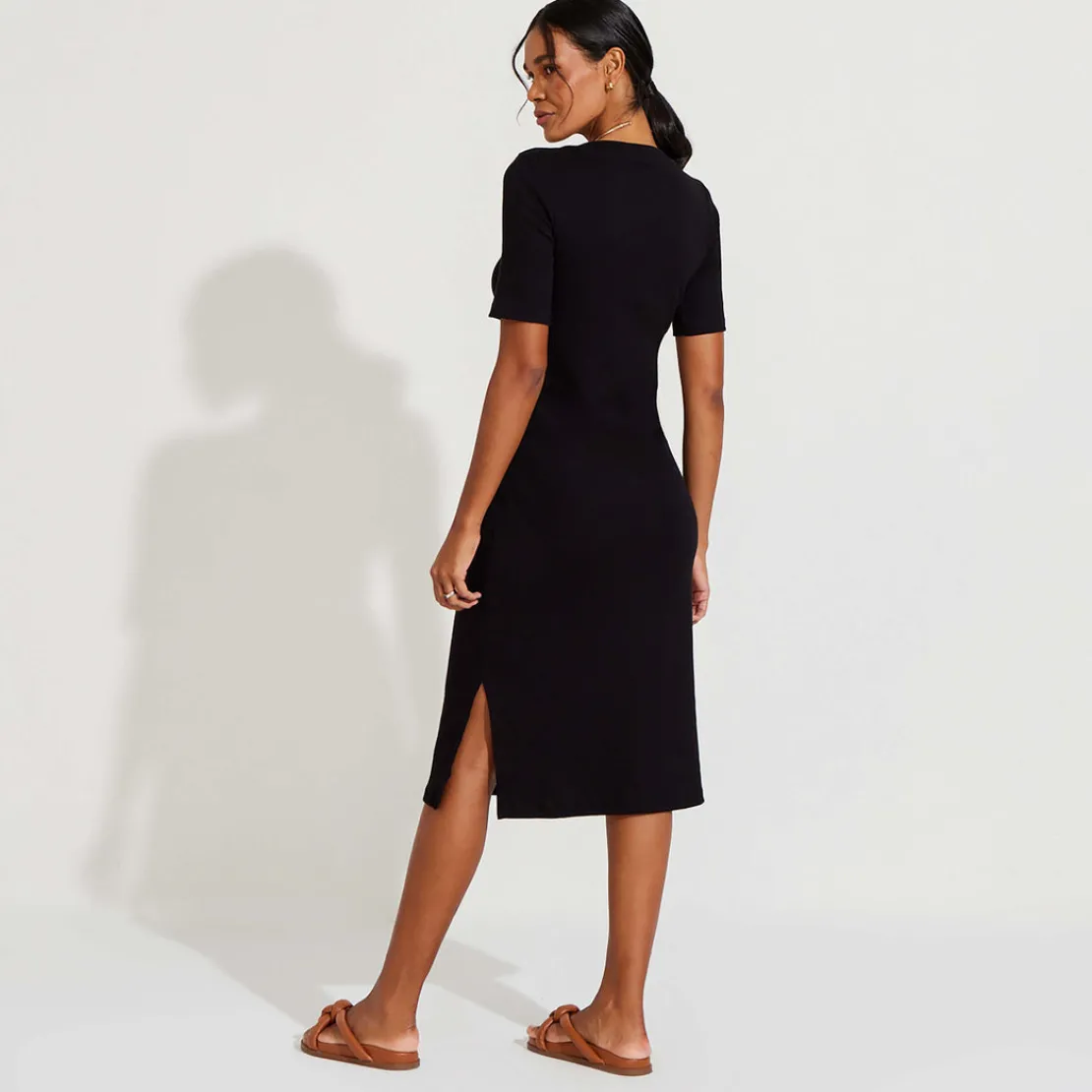 Vestidos>Basico.com Vestido Midi Canelado Algodão Manga Curta - Preto