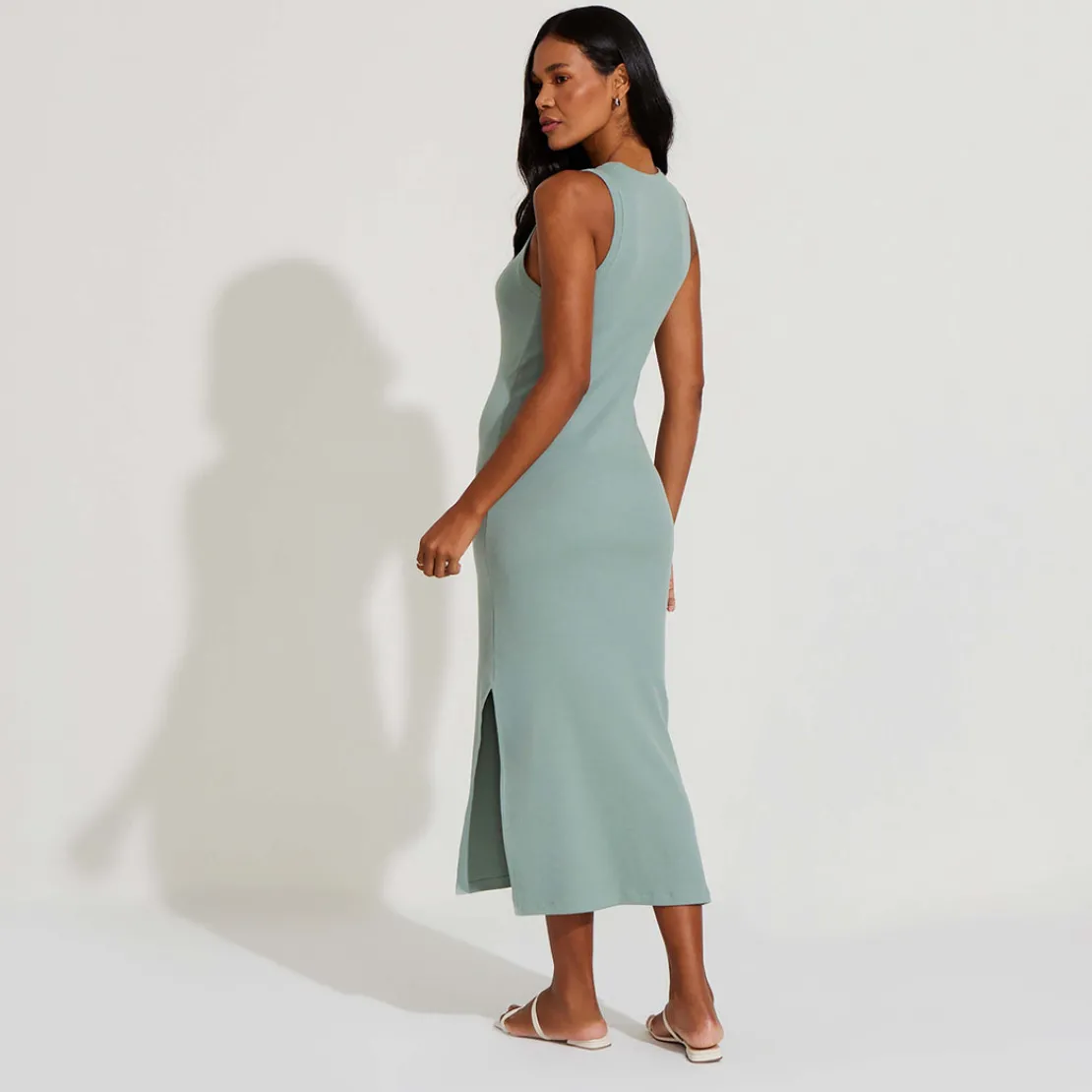Vestidos>Basico.com Vestido Midi Canelado Algodão - Verde Chá