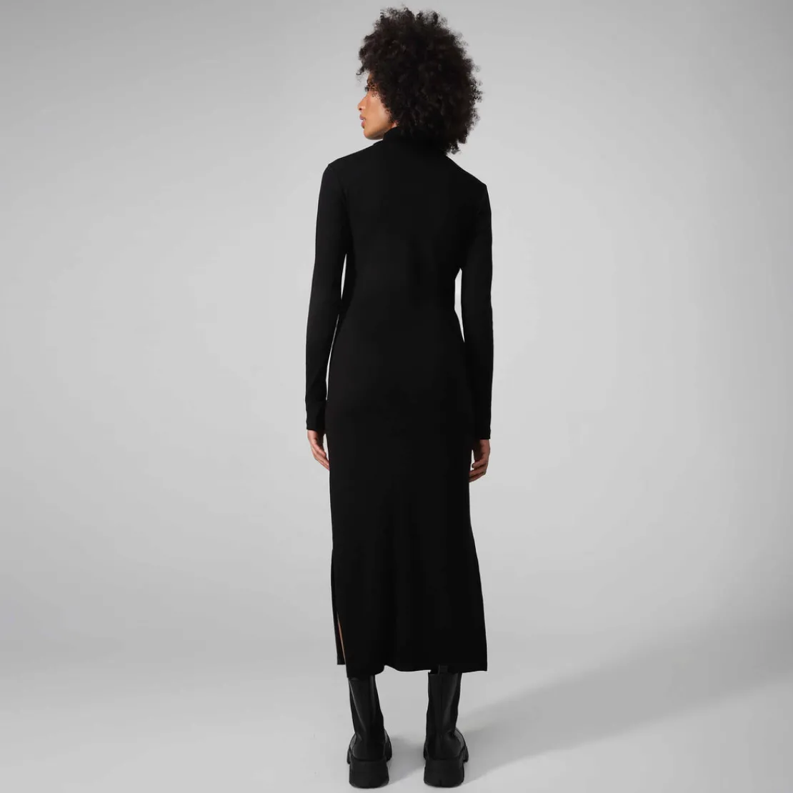 Vestidos>Basico.com Vestido Midi Canelado Algodão Gola Rolê - Preto