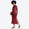 Vestidos>Basico.com Vestido Midi Canelado Viscose Gola Rolê - Marsala
