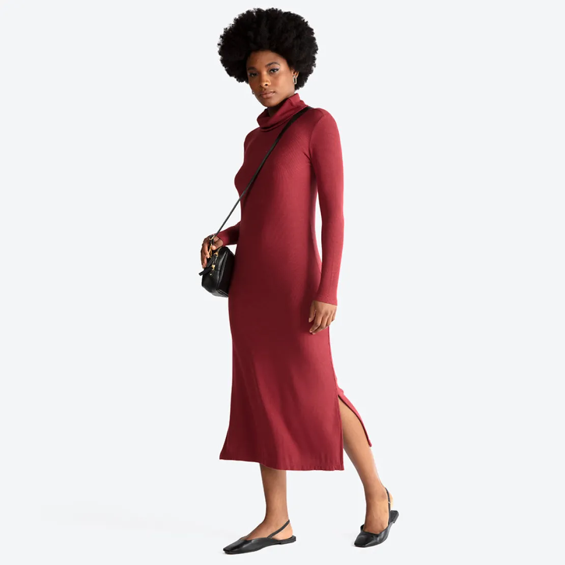 Vestidos>Basico.com Vestido Midi Canelado Viscose Gola Rolê - Marsala