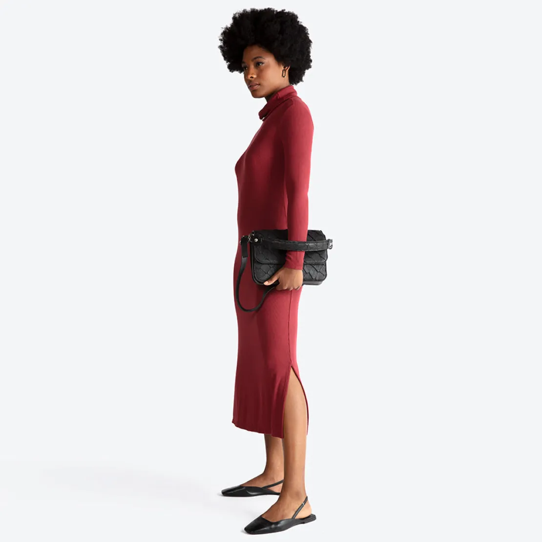 Vestidos>Basico.com Vestido Midi Canelado Viscose Gola Rolê - Marsala