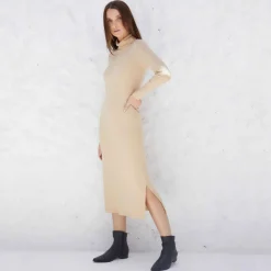 Vestidos | Viscose>Basico.com Vestido Midi Canelado Viscose Gola Rolê - Khaki