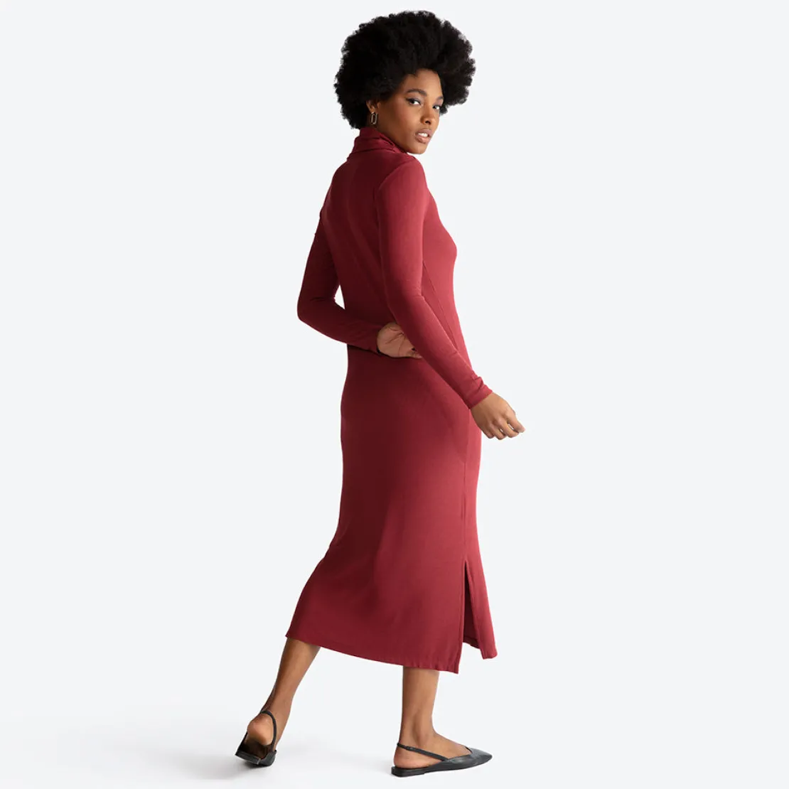 Vestidos>Basico.com Vestido Midi Canelado Viscose Gola Rolê - Marsala