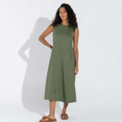 Vestidos | Linho>Basico.com Vestido Midi Linho - Verde Militar