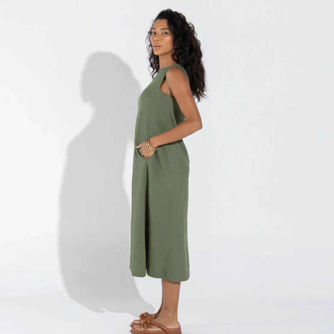 Vestidos | Linho>Basico.com Vestido Midi Linho - Verde Militar