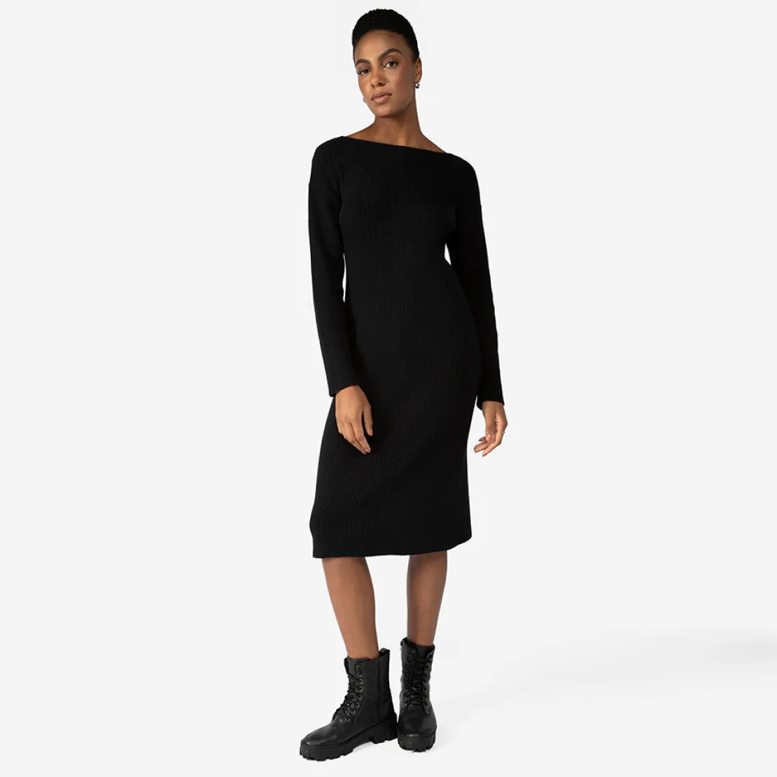 Vestidos | Tricot>Basico.com Vestido Tricot Midi Manga Longa - Preto
